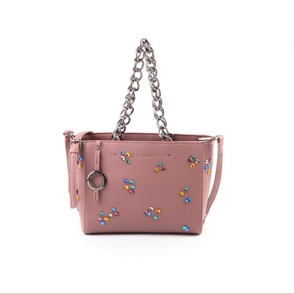 Suzy Levian Pebbled Faux Leather Rhinestone Satchel Handbag Purple
